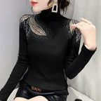 Women's Tops Shirt Casual Turtleneck Long Sleeve Hollow Out Hot Drilling Mesh T-Shirt nowadaysfashion