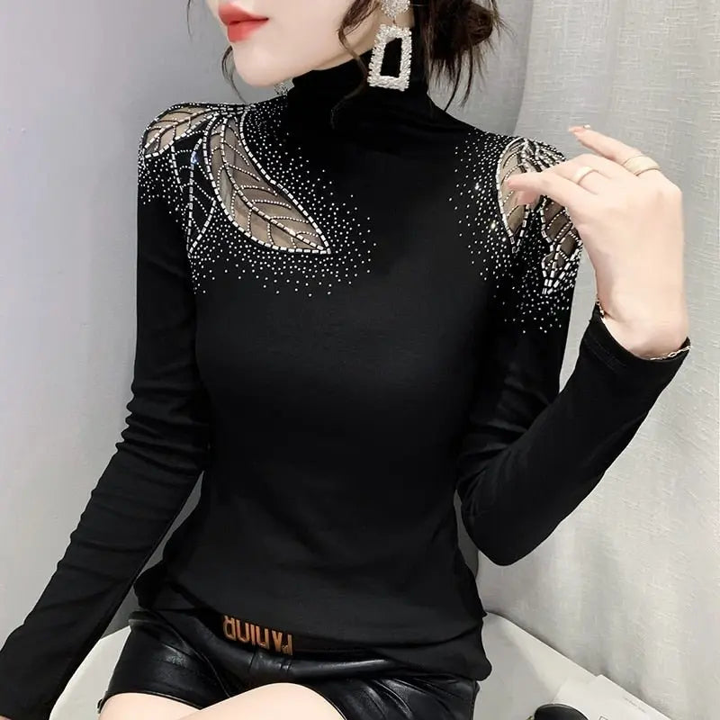Women's Tops Shirt Casual Turtleneck Long Sleeve Hollow Out Hot Drilling Mesh T-Shirt - Blade & Thread