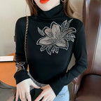 Women's Tops Shirt Casual Turtleneck Long Sleeve Hollow Out Hot Drilling Mesh T-Shirt nowadaysfashion