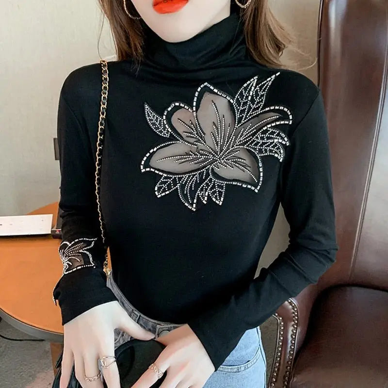 Women's Tops Shirt Casual Turtleneck Long Sleeve Hollow Out Hot Drilling Mesh T-Shirt nowadaysfashion
