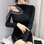 Women's Tops Shirt Casual Turtleneck Long Sleeve Hollow Out Hot Drilling Mesh T-Shirt nowadaysfashion