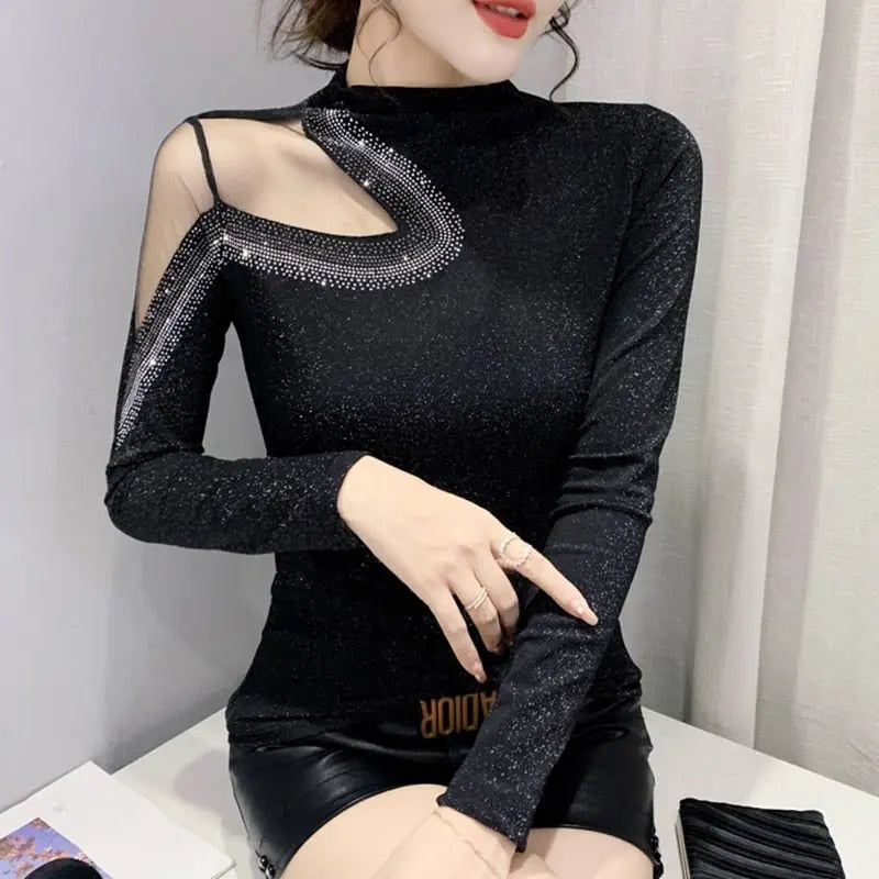 Women's Tops Shirt Casual Turtleneck Long Sleeve Hollow Out Hot Drilling Mesh T-Shirt nowadaysfashion