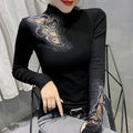 Women's Tops Shirt Casual Turtleneck Long Sleeve Hollow Out Hot Drilling Mesh T-Shirt nowadaysfashion