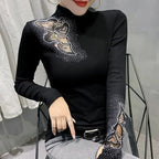 Women's Tops Shirt Casual Turtleneck Long Sleeve Hollow Out Hot Drilling Mesh T-Shirt nowadaysfashion