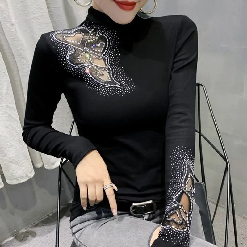 Women's Tops Shirt Casual Turtleneck Long Sleeve Hollow Out Hot Drilling Mesh T-Shirt - Blade & Thread