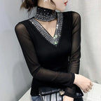 Women's Tops Shirt Casual Turtleneck Long Sleeve Hollow Out Hot Drilling Mesh T-Shirt nowadaysfashion
