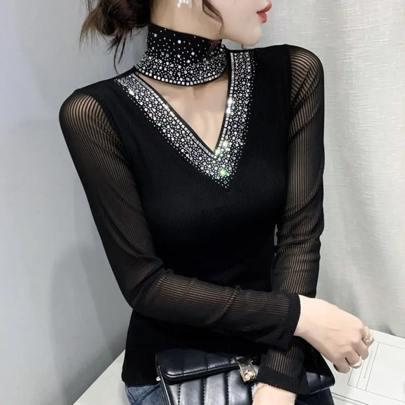 Women's Tops Shirt Casual Turtleneck Long Sleeve Hollow Out Hot Drilling Mesh T-Shirt - Blade & Thread