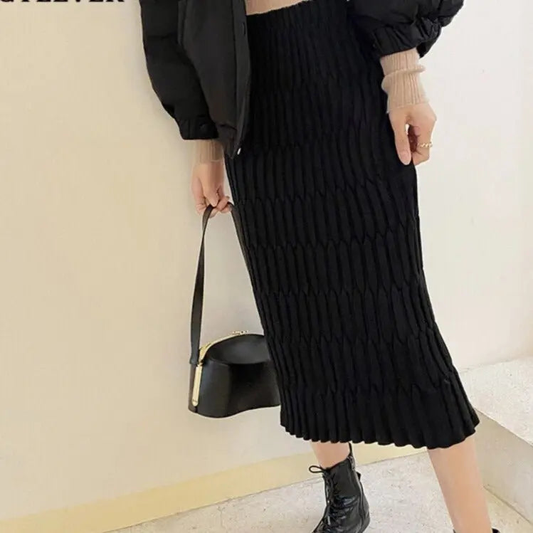 Wrapped Knitted Skirts Pencil Skirt Women Slim Fit Zipper Mid-Calf Skirt - Blade & Thread