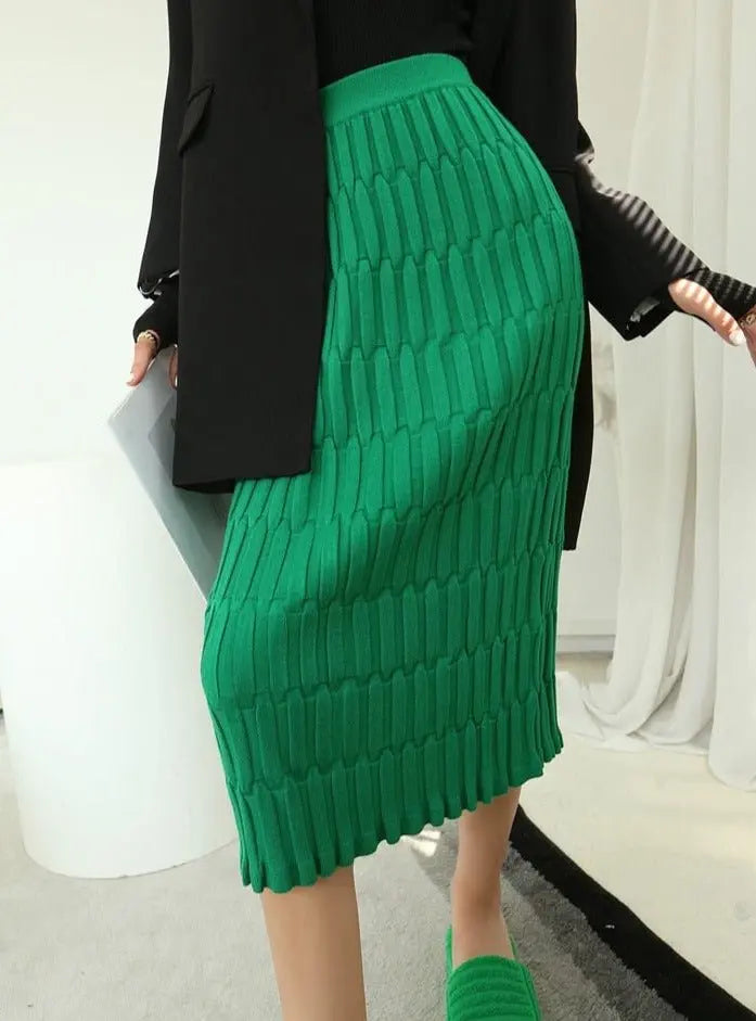 Wrapped Knitted Skirts Pencil Skirt Women Slim Fit Zipper Mid-Calf Skirt - Blade & Thread