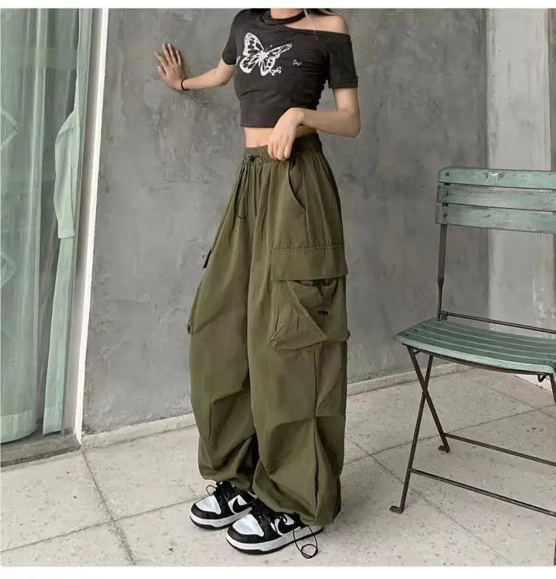 Y2K Cargo Pants Wide Leg Drawstring Oversize Pockets Joggers Trousers - Blade & Thread