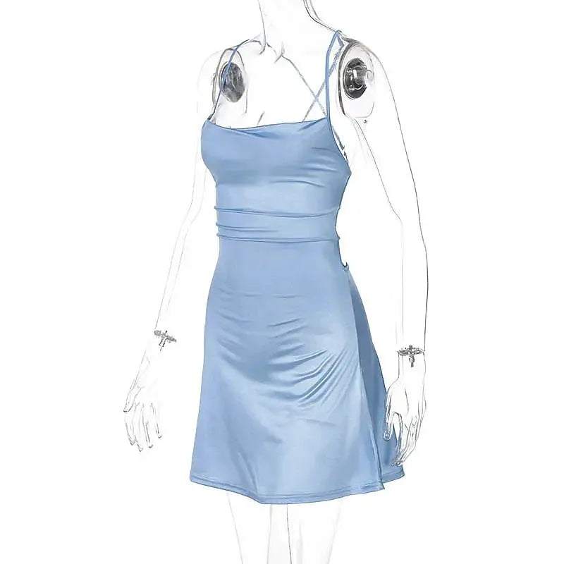 Y2K solid color satin traf slit suspender dress - Blade & Thread