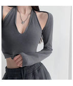 Y2K T-shirt Two Piece Women Long Sleeve Smock+Knitted Halterneck Camis Skinny Cropped Tops Woman nowadaysfashion