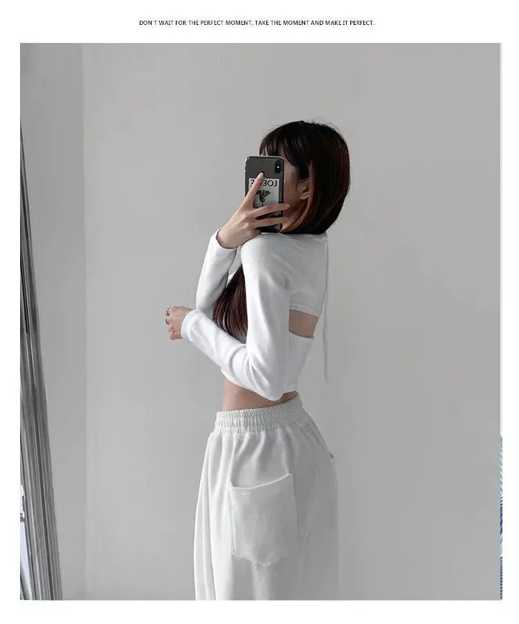 Y2K T-shirt Two Piece Women Long Sleeve Smock+Knitted Halterneck Camis Skinny Cropped Tops Woman nowadaysfashion