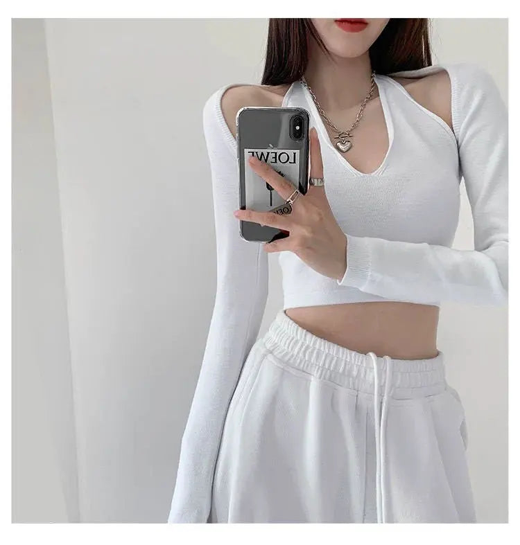 Y2K T-shirt Two Piece Women Long Sleeve Smock+Knitted Halterneck Camis Skinny Cropped Tops Woman - Blade & Thread
