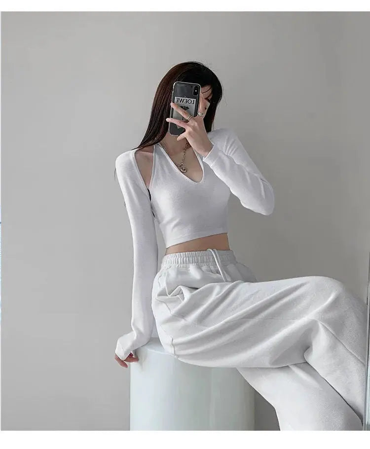 Y2K T-shirt Two Piece Women Long Sleeve Smock+Knitted Halterneck Camis Skinny Cropped Tops Woman - Blade & Thread