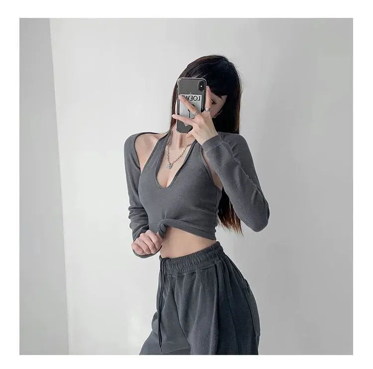 Y2K T-shirt Two Piece Women Long Sleeve Smock+Knitted Halterneck Camis Skinny Cropped Tops Woman - Blade & Thread