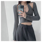 Y2K T-shirt Two Piece Women Long Sleeve Smock+Knitted Halterneck Camis Skinny Cropped Tops Woman nowadaysfashion