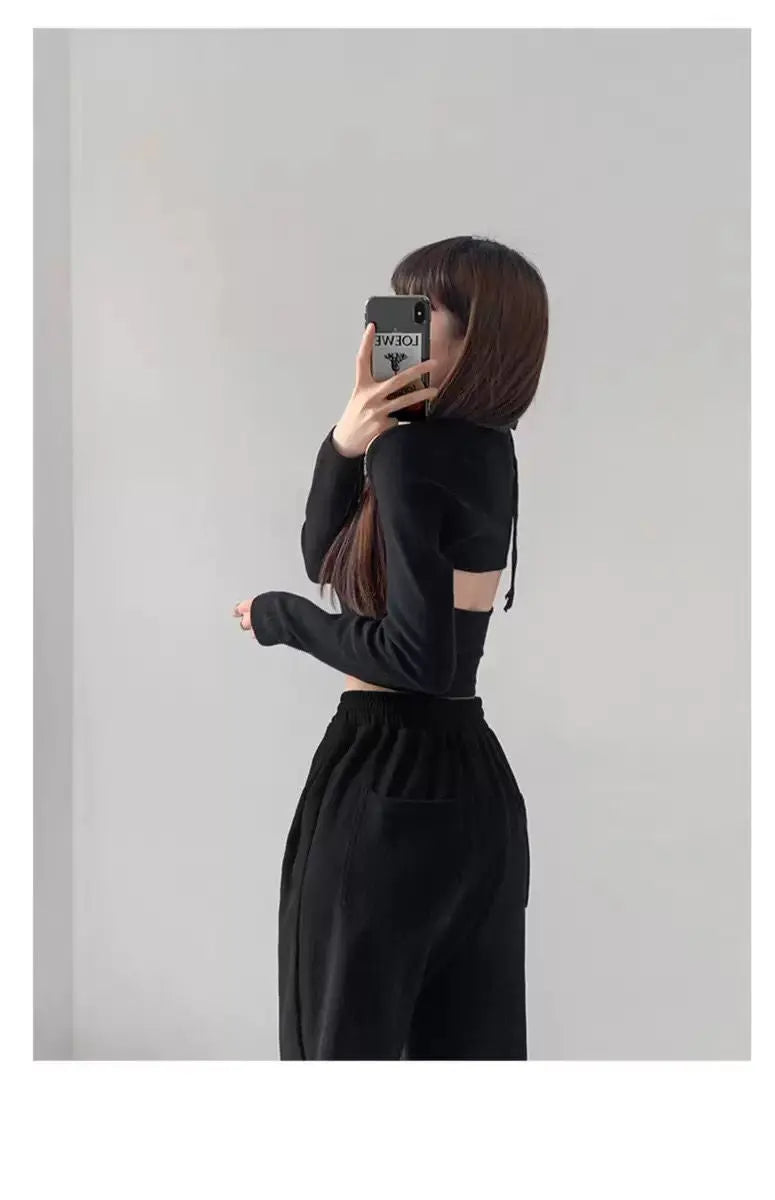 Y2K T-shirt Two Piece Women Long Sleeve Smock+Knitted Halterneck Camis Skinny Cropped Tops Woman - Blade & Thread