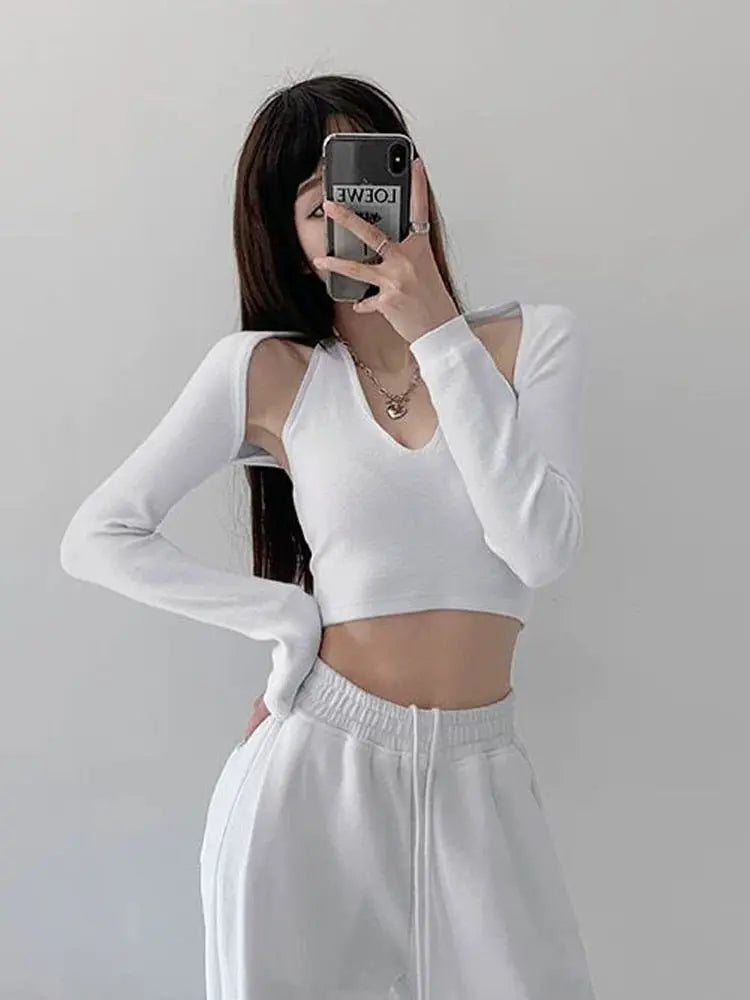 Y2K T-shirt Two Piece Women Long Sleeve Smock+Knitted Halterneck Camis Skinny Cropped Tops Woman - Blade & Thread