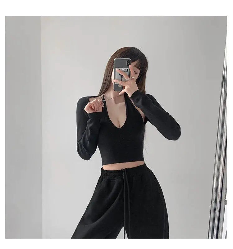 Y2K T-shirt Two Piece Women Long Sleeve Smock+Knitted Halterneck Camis Skinny Cropped Tops Woman - Blade & Thread