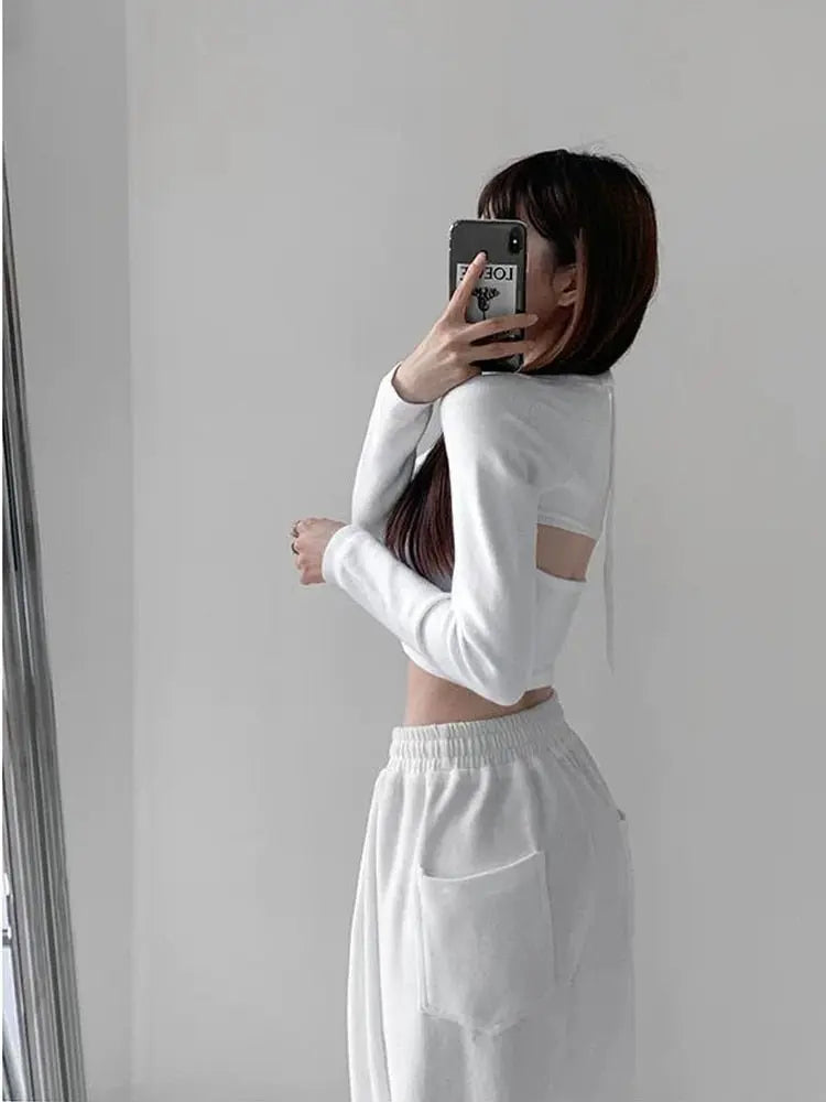 Y2K T-shirt Two Piece Women Long Sleeve Smock+Knitted Halterneck Camis Skinny Cropped Tops Woman nowadaysfashion