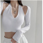 Y2K T-shirt Two Piece Women Long Sleeve Smock+Knitted Halterneck Camis Skinny Cropped Tops Woman nowadaysfashion