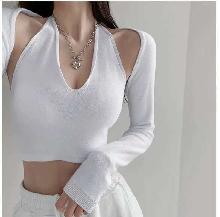 Y2K T-shirt Two Piece Women Long Sleeve Smock+Knitted Halterneck Camis Skinny Cropped Tops Woman nowadaysfashion