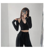 Y2K T-shirt Two Piece Women Long Sleeve Smock+Knitted Halterneck Camis Skinny Cropped Tops Woman nowadaysfashion