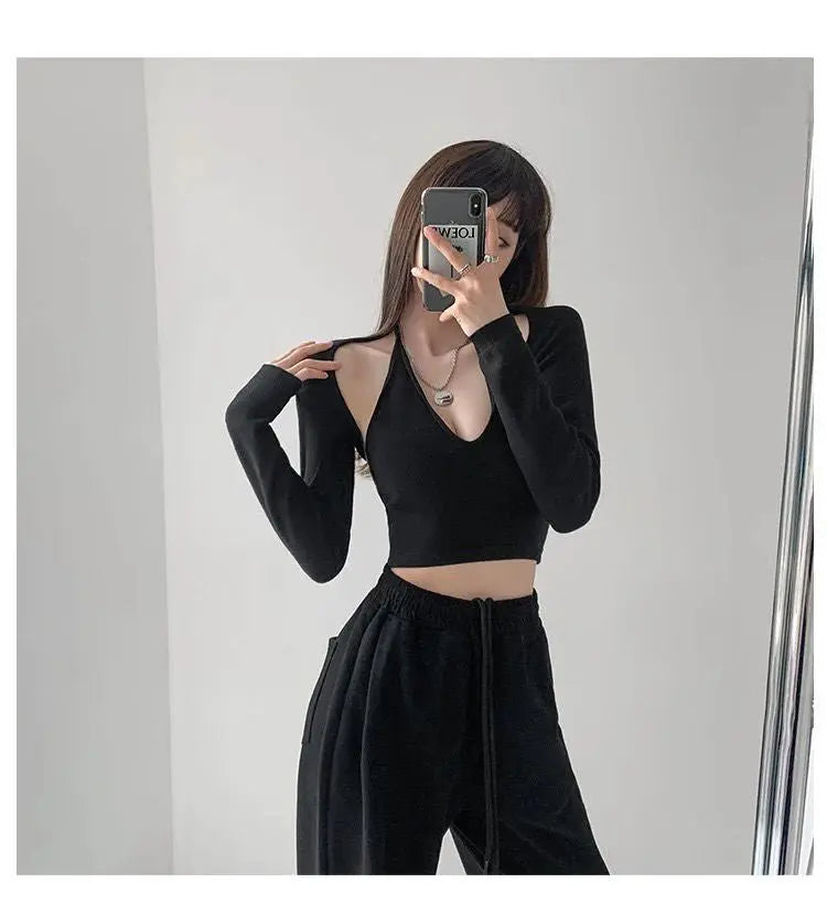 Y2K T-shirt Two Piece Women Long Sleeve Smock+Knitted Halterneck Camis Skinny Cropped Tops Woman nowadaysfashion