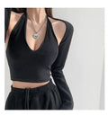 Y2K T-shirt Two Piece Women Long Sleeve Smock+Knitted Halterneck Camis Skinny Cropped Tops Woman nowadaysfashion