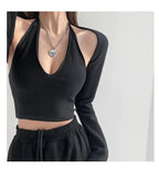 Y2K T-shirt Two Piece Women Long Sleeve Smock+Knitted Halterneck Camis Skinny Cropped Tops Woman nowadaysfashion