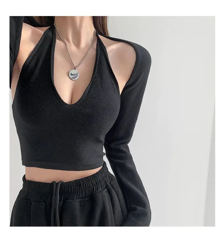 Y2K T-shirt Two Piece Women Long Sleeve Smock+Knitted Halterneck Camis Skinny Cropped Tops Woman - Blade & Thread