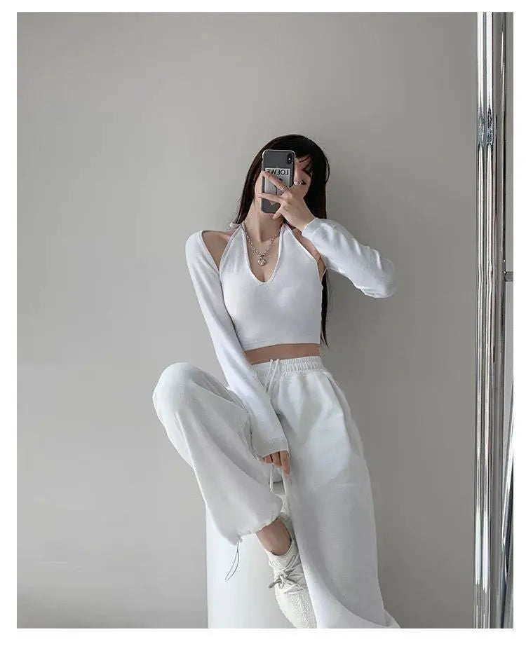 Y2K T-shirt Two Piece Women Long Sleeve Smock+Knitted Halterneck Camis Skinny Cropped Tops Woman nowadaysfashion