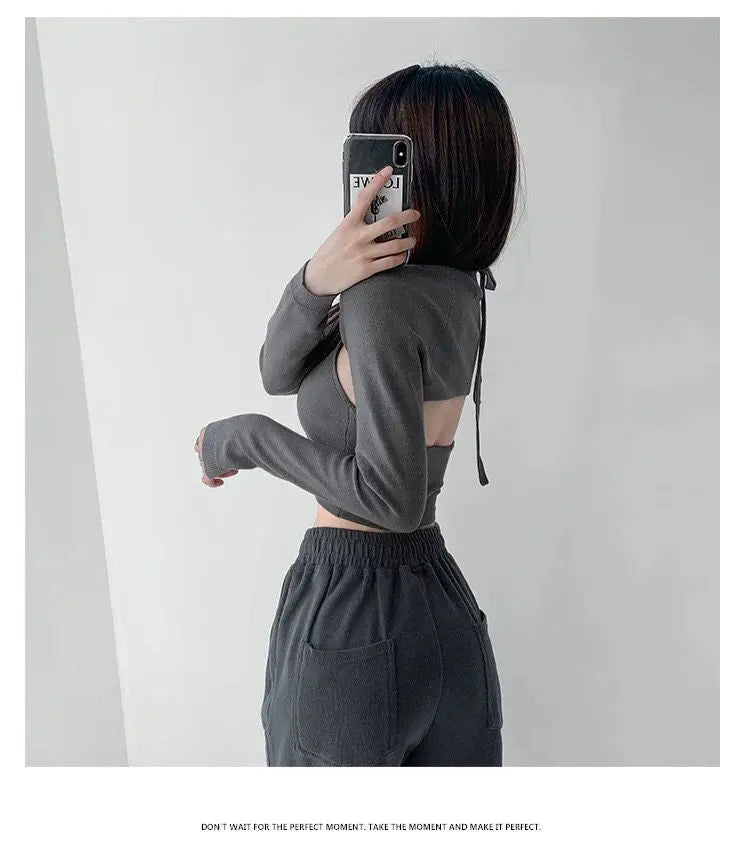 Y2K T-shirt Two Piece Women Long Sleeve Smock+Knitted Halterneck Camis Skinny Cropped Tops Woman - Blade & Thread