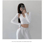 Y2K T-shirt Two Piece Women Long Sleeve Smock+Knitted Halterneck Camis Skinny Cropped Tops Woman nowadaysfashion