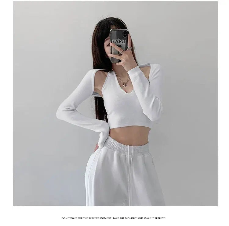 Y2K T-shirt Two Piece Women Long Sleeve Smock+Knitted Halterneck Camis Skinny Cropped Tops Woman - Blade & Thread