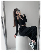 Y2K T-shirt Two Piece Women Long Sleeve Smock+Knitted Halterneck Camis Skinny Cropped Tops Woman nowadaysfashion