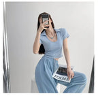 Y2K Tops Women U-shaped Lapel Short Sleeve Tees Summer High Waist Thread Crop Top nowadaysfashion