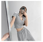Y2K Tops Women U-shaped Lapel Short Sleeve Tees Summer High Waist Thread Crop Top nowadaysfashion