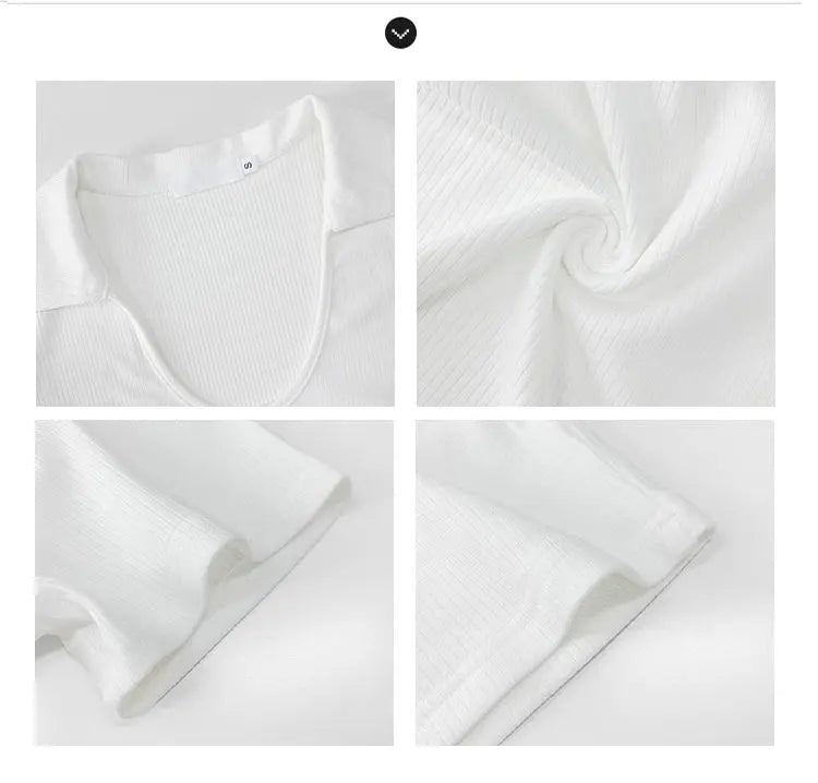 Y2K Tops Women U-shaped Lapel Short Sleeve Tees Summer High Waist Thread Crop Top - Blade & Thread