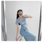 Y2K Tops Women U-shaped Lapel Short Sleeve Tees Summer High Waist Thread Crop Top nowadaysfashion