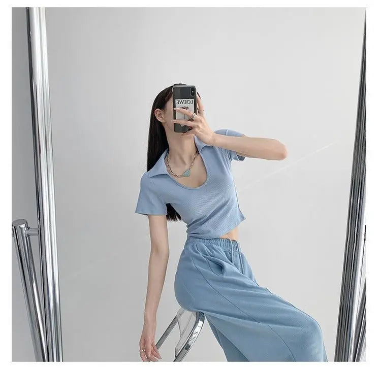 Y2K Tops Women U-shaped Lapel Short Sleeve Tees Summer High Waist Thread Crop Top nowadaysfashion