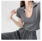 Y2K Tops Women U-shaped Lapel Short Sleeve Tees Summer High Waist Thread Crop Top nowadaysfashion