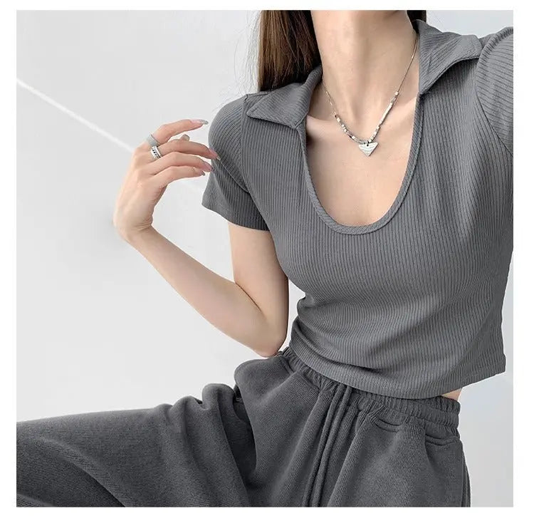 Y2K Tops Women U-shaped Lapel Short Sleeve Tees Summer High Waist Thread Crop Top - Blade & Thread