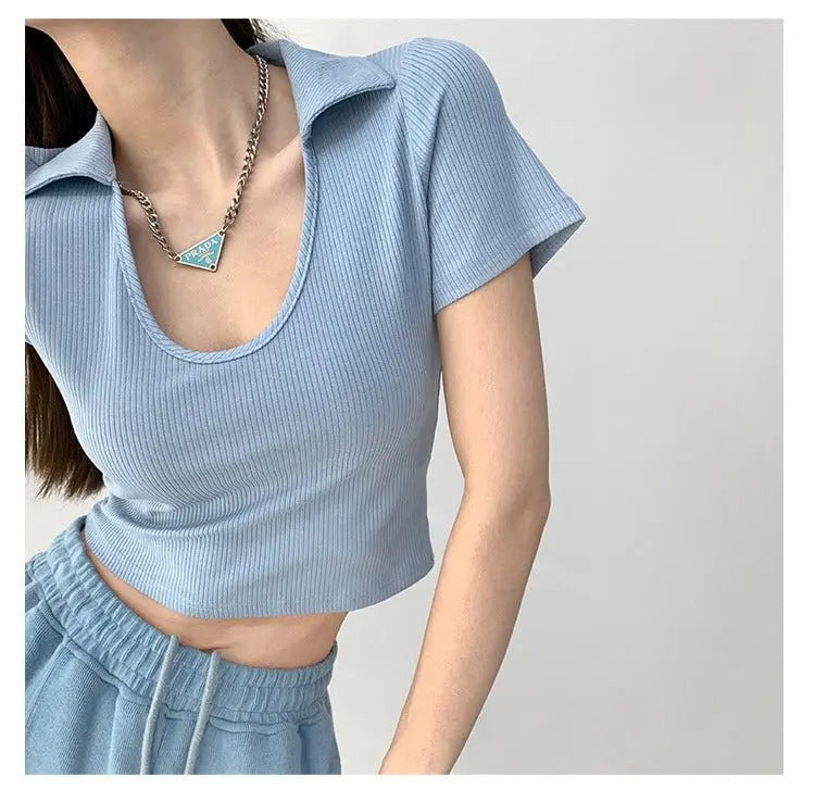 Y2K Tops Women U-shaped Lapel Short Sleeve Tees Summer High Waist Thread Crop Top - Blade & Thread