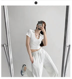 Y2K Tops Women U-shaped Lapel Short Sleeve Tees Summer High Waist Thread Crop Top nowadaysfashion