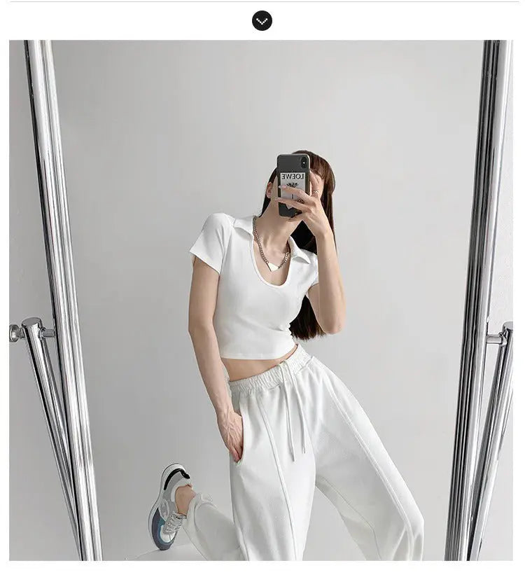 Y2K Tops Women U-shaped Lapel Short Sleeve Tees Summer High Waist Thread Crop Top - Blade & Thread
