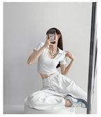 Y2K Tops Women U-shaped Lapel Short Sleeve Tees Summer High Waist Thread Crop Top nowadaysfashion