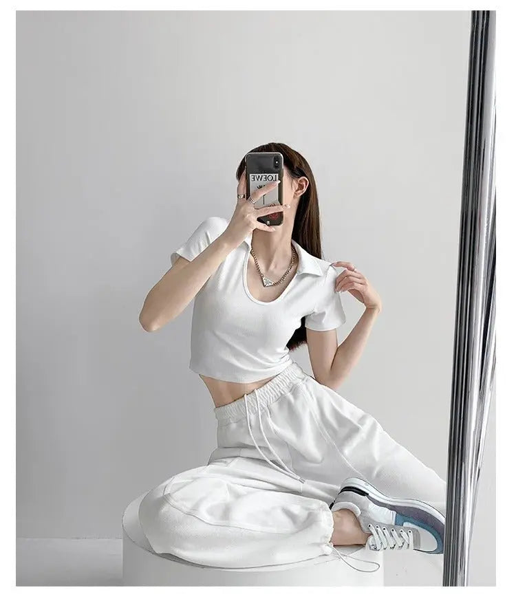 Y2K Tops Women U-shaped Lapel Short Sleeve Tees Summer High Waist Thread Crop Top nowadaysfashion