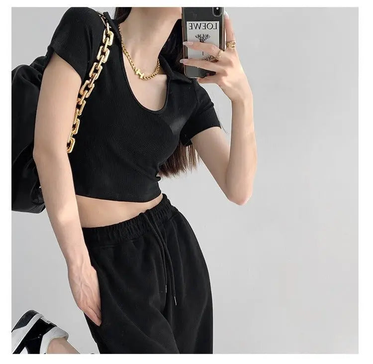 Y2K Tops Women U-shaped Lapel Short Sleeve Tees Summer High Waist Thread Crop Top nowadaysfashion